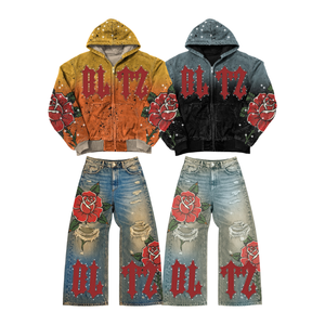 Conjuntos Oversize Para Hombre Custom Applique Embroidery Rhinestone Graphic Zipper Hoodie And Baggy Jeans Pants Set For Men