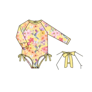 Baby and Toddler Girls One Piece Petals Pattern Ruffle Swimsuits for Girls Long Sleeve Swim