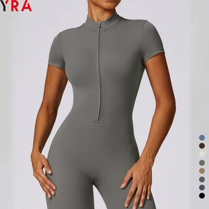 Women's Sports Jumpsuit Green Black One Piece Gym Fitness Yoga Bodysuit with Short Sleeves Wholesale Available