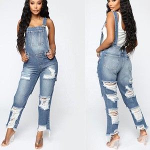 Custom Fashion Sexy Distressed Women Denim Jean Jumpsuit Overalls