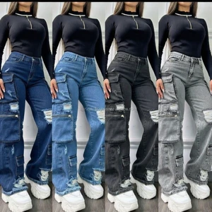 Women's High Waist Breathable Casual Streetwear Denim Cargo Jeans Regular Fit Straight-leg 100% Cotton High Quality Bangladesh