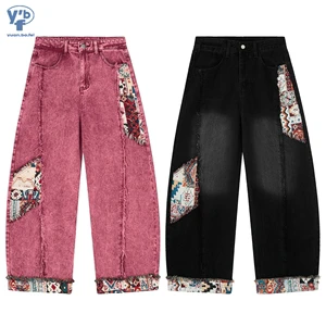 YUANBOFEI Men's Jeans High Quality Vintage Pigment Wash Ethnic Patchwork Fringe Men's Denim Shorts Wide Leg Loose Retro Street