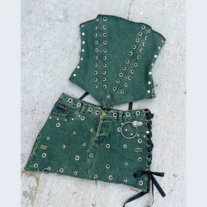 DIZNEW Women's Clothing Wholesale Short Denim Suits Summer Designer Hole Skirts and off Shoulder Tops for Women 2024
