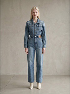 Wholesale Women Washed Denim Jumpsuit Long Sleeve Jacket Style Straight Leg One Piece Jeans