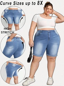 Good Quality 2026 New Plus Size Women's Blue High Stretch Casual Rolled Hem Fitted Denim Shorts