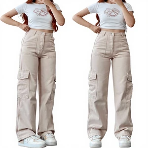 OEM Wholesale Women's Mid Waist Elastic Wide Leg Cargo Streetwear Loose Fit Heavyweight Fleece Garment Dyed Washed Full Length