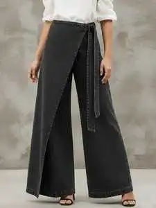 High Waisted Wide Leg Denim Pants Full Length Solid Black Cotton Wrap And Tie Casual Women's Jeans Autumn Style