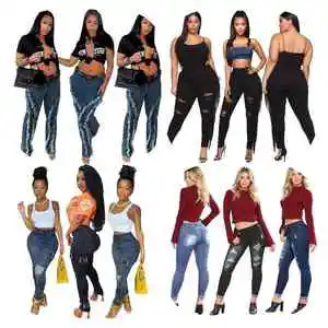 High Quality Women's Denim Hole Skinny Stretchy Pencil Plus Size High Waist Leopard Print Breathable Hip Hop Jeans