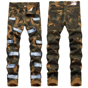 Men's Slim Stretch Stonewashed Denim Pants Embroidery Rivet Decoration Solid Camouflage Hip Hop Utility Straight-Barrel Design