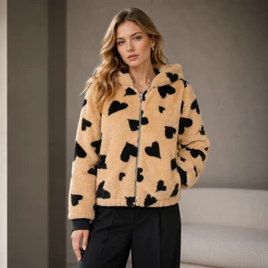 Women's Fashion Western Autumn/Winter New Plush Heart Print Loose Zipper Cardigan Jacket