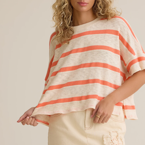 Custom Women's Summer Striped Knit T Shirt Casual Loose Split Hem Short Sleeve Knit Top Manufacturer