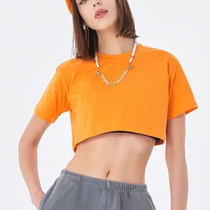 Fashion Casual Crop Top Pure Cotton T-shirt with Puff Printing Buttons & Diamonds Solid Color Round Neck for Women