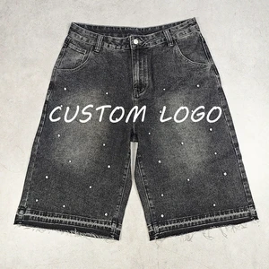 2025 New Washed Denim Shorts Custom Men's Street Wear Loose Denim Shorts Custom Embroidery/Inlaid Diamonds