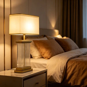Modern Crystal Glass Table Lamp Luxury Bedside Lamp with Fabric Shade Gold Metal Base for Bedroom Living Room Hotel Decor