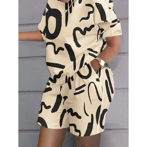 Women's Spring Summer Two-piece Short-sleeved Printed Casual Commuter Suit with Spandex/Polyester Material Anti-pilling 171