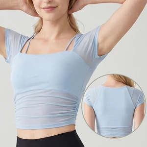 Chic Double Straps 2 in 1 Lightweight Seamless Yoga Top Padded Short Sleeve Mesh Slim Fit Ruched Running Workout Crop Tee