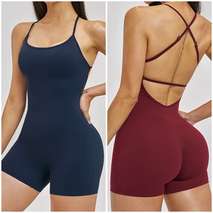 ELT3562 Cross Strap Back Sports Jumpsuit One-piece Yoga Outfit Build-in Outdoor Fitness Jumpsuit