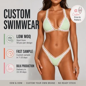 Handmade Crochet Bikini Set Sexy Mint Green Hollow Out Knit Swimwear Women Shell Lace Trim Bathing Suit Bohemian Beachwear