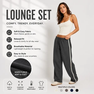 Women Spaghetti Strap U Neck Crop Cami Side Stripe Wide Leg Pants Lounge Set Soft Fleece Casual Matching Tracksuits Outfit Sets
