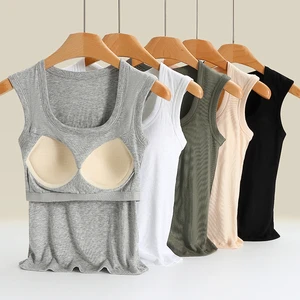 OEM High Quality Large Size Slim Tight Square Neck Breathable Lady Women Casual Vest Camisole Tank Tops with Built in Bra