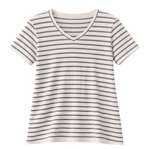 Women’s Striped V Neck Ribbed Knit Top Short Sleeve Slim Fit Casual Summer Soft Stretch Elegant Everyday Blouse for Women Style
