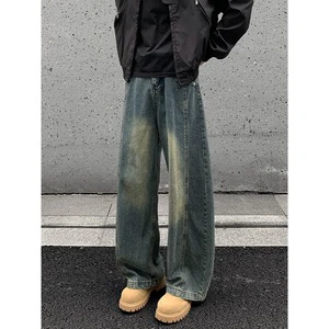 Retro Scimitar Denim Men's Autumn Winter American Style Straight Loose Mid Waist Medium Wash Wide Leg Casual Trousers