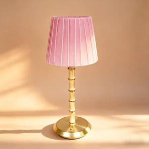 Bamboo Pole Rechargeable Desk Lamp Pink Velvet Lampshade Touch Dimmable Custom Battery Lighting for Indoor Outdoor Decoration