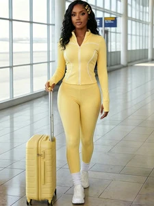 Butter Yellow Zip Tracksuit Matching Travel Set Women Fashion Slim Fit Jacket and Leggings Two Piece Jogging Suits Activewear