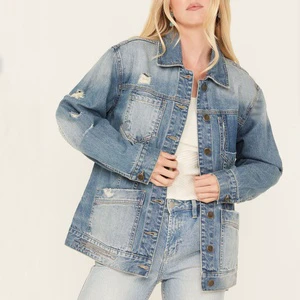 LARSUR Custom Factory Distress Wash Denim Jacket Ripped Button up Casual Long Sleeves Jeans Jacket and Coats for Women