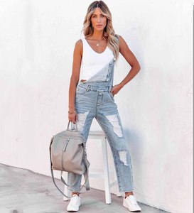 Women's Fashion Streetwear Regular Fit High Waist Washed Denim Multi-pocket Casual Wide Leg Summer Overalls and Jumpsuits