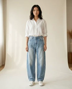 Women High Waist Curved Leg Jeans Barrel Fit Cotton Denim Pants Casual Trousers Wholesale
