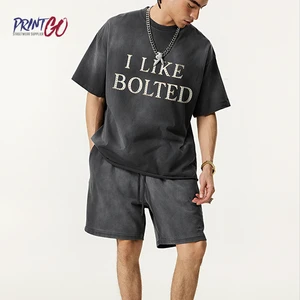 Men Women Vintage Washed Graphic T-Shirt 100% Cotton Knitted Heavyweight Studded Letter Print Oversized Retro Streetwear Couple