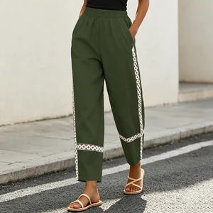 Ladies Casual Ankle Trousers Olive Green Pull on Pocket Pants Lace Tape Detail Summer Bottoms