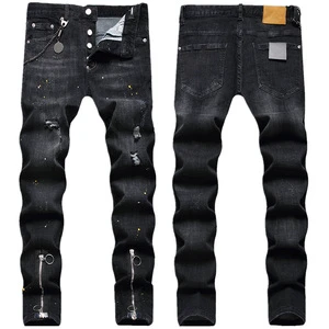RNSHANGER Men Black Skinny Denim Jeans Holes Jeans Fashion Style Stretch Denim Pants High Quality Male Slim Fit Denim Trousers
