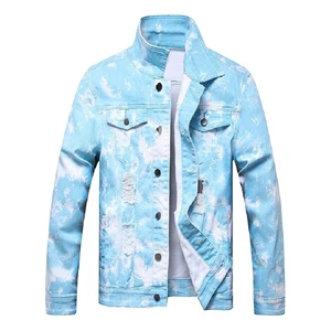 2025 Men's Cotton/Polyester Blue Distressed Patchwork Denim Jacket & Slim Jean Jacket with Ripped Design Acid Washed Winter