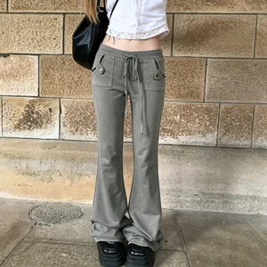 American Retro Cargo Pocket Low Waist Drawstring Casual Pants Commute Fashion Street Hot Girl Flared Trousers