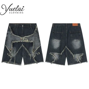 Manufacture Custom Reverse Men's Gothic Retro Hip Hop Baggy Denim Shorts Sun Fade Street Acid Washed Straight Jorts
