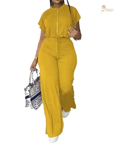 Women's 2-piece Set High Crop Top Waist Plus Size Loose Pants & Solid Cotton Short Top Casual All Season Women's Suit