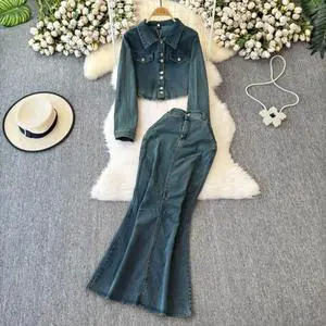 New Casual Women'S Set Vintage Denim Suit Slim Short + High-Waisted Fishtail Skirt Two-Piece Set