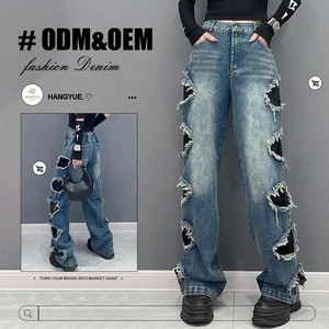 High Quality Washed Wome's Denim Pants Custom High Quality Holes Hip Pop Baggy Denim Pants Women Loose Distressed Straight Jeans