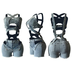 MZ88637 2025 New Women Clothing Summer Casual Denim Vest Shorts Suit Strapless Stretchy Skinny Fit Women Two Pieces Short Set