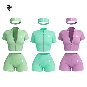 Women 3 Piece Activewear Set Short Sleeve Zip Crop Jacket Booty Shorts Headband Yoga Gym Workout Fitness Outfit Sportswear