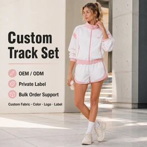 OEM Track Set Womens White Pink Contrast Zip Up Stand Collar Jacket And Dolphin Shorts Sporty Casual Activewear Tracksuit