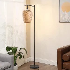 Japanese Led Floor Light with Bamboo Weaving Style Lamp Shade and Pole