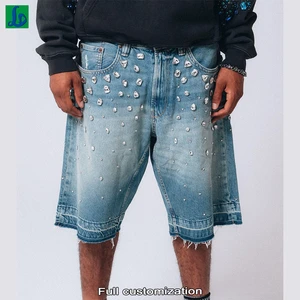 Streetwear Custom Men's Cotton Vintage Wash Baggy Rhinestone Jeans Denim Shorts Man