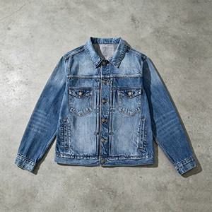 Medium Wash Faded Denim Trucker Jacket Orange Contrast Stitch Copper Vintage Cotton Jean Outerwear Denim Jacket Streetwear