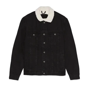 Top Quality Black Cotton Jeans Men's Denim Jacket With Fur Collar & Inner Lining Full Sleeve Stone Washed Vintage Denim Jacket