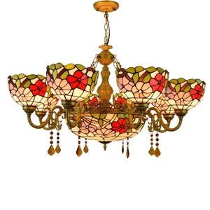 Classic Morning Glory Chandelier Tiffany Stained Glass Crystal Circle Pendant Light for Hotel Living Room Dining Room bar Lamp