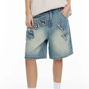 SHENGDE Custom Men's 100% Cotton Denim Shorts High Street Style Logo Embroidered Loose-Fitting Breathable Ripped Decoration Mid