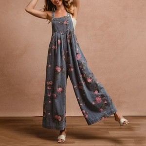 527 Trendy Women's Vintage Floral Print Denim Overalls Sleeveless Strap Wide Leg Bib Jumpsuit with Pockets for Casual Streetwear
